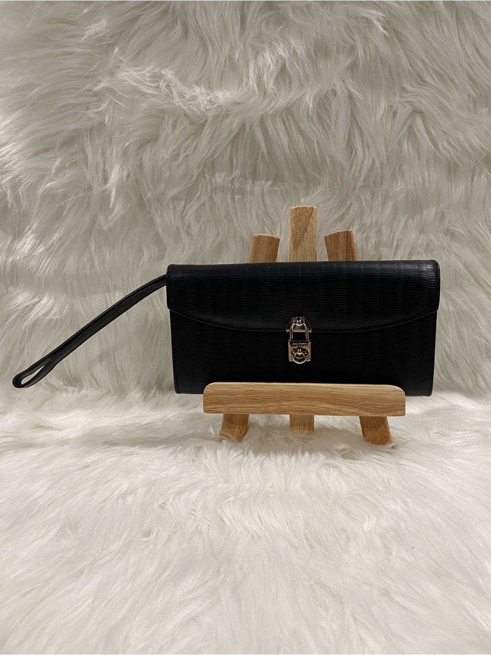 Salvatore Ferragamo Black Gancini Lock Wristlet Women's Wallet Retractable Strap